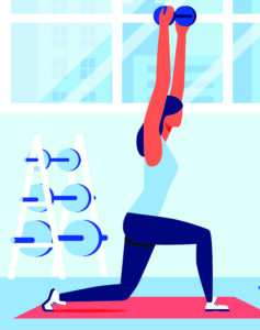 Cartoon of woman practicing lunge exercises in a gym 