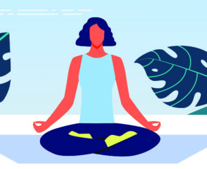 Cartoon image of woman sitting cross-legged on a yoga mat before exercising